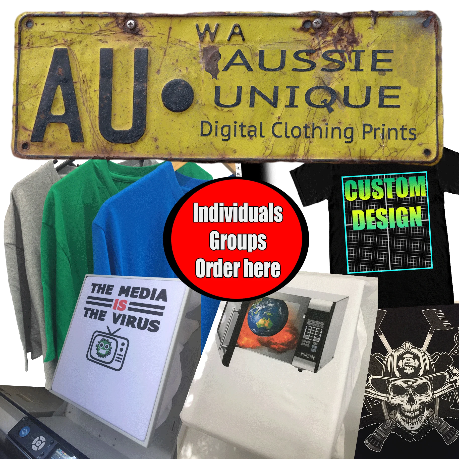 Aussie Unique DTG printing showcase — click to design your shirt