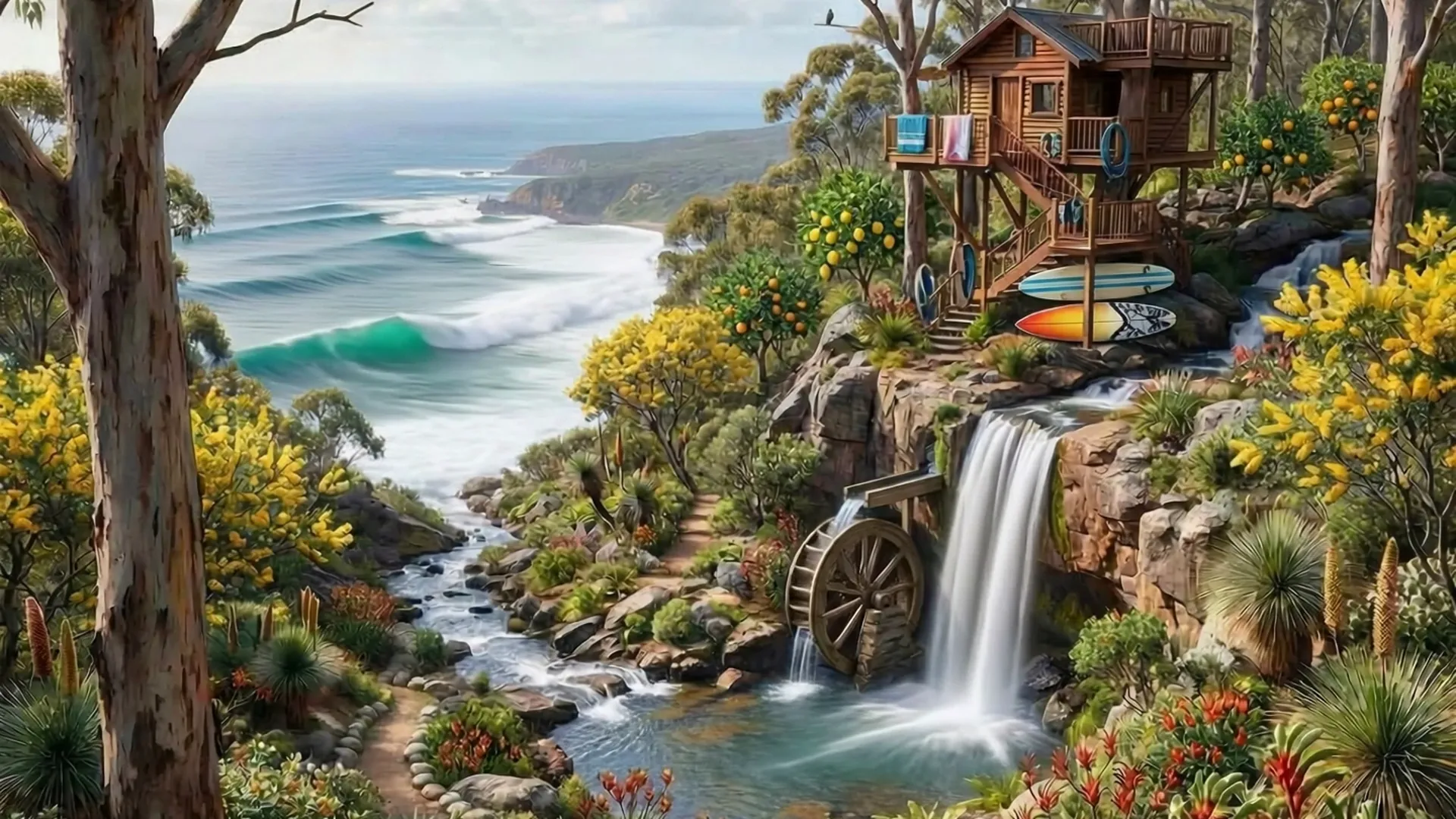 Australian coastal bushland with treehouse, waterfall, and native flora